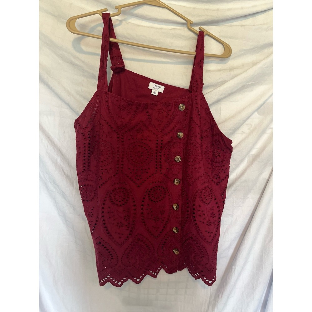 Crown & Ivy Women's Maroon Eyelet Button Front Scalloped Hem Tank Top XXL